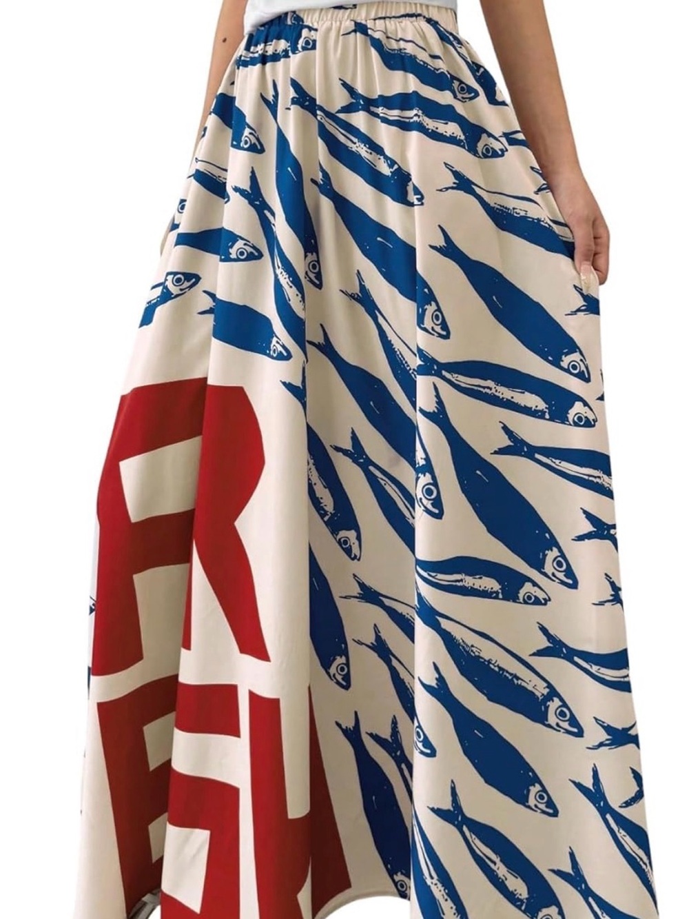 Sardine Fish-Print Maxi Skirt with Red and Blue Accent on With nwt tags